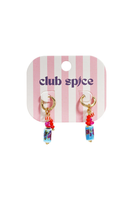 Earrings with dangling beads and a floral print