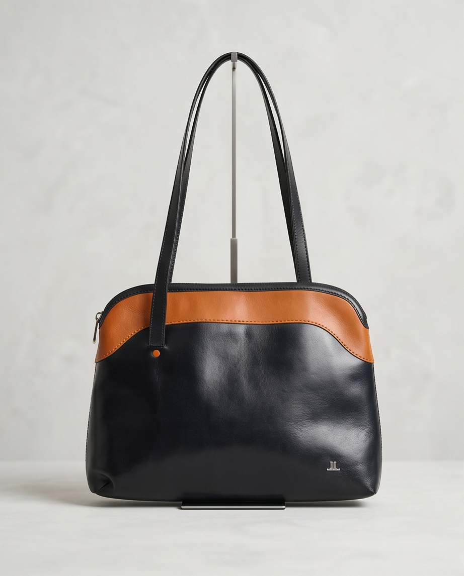 Leren schoudertas in zwart met cognac details