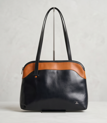 Leren schoudertas in zwart met cognac details