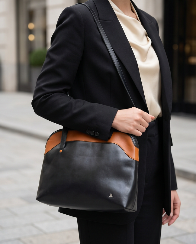 Leren schoudertas in zwart met cognac details