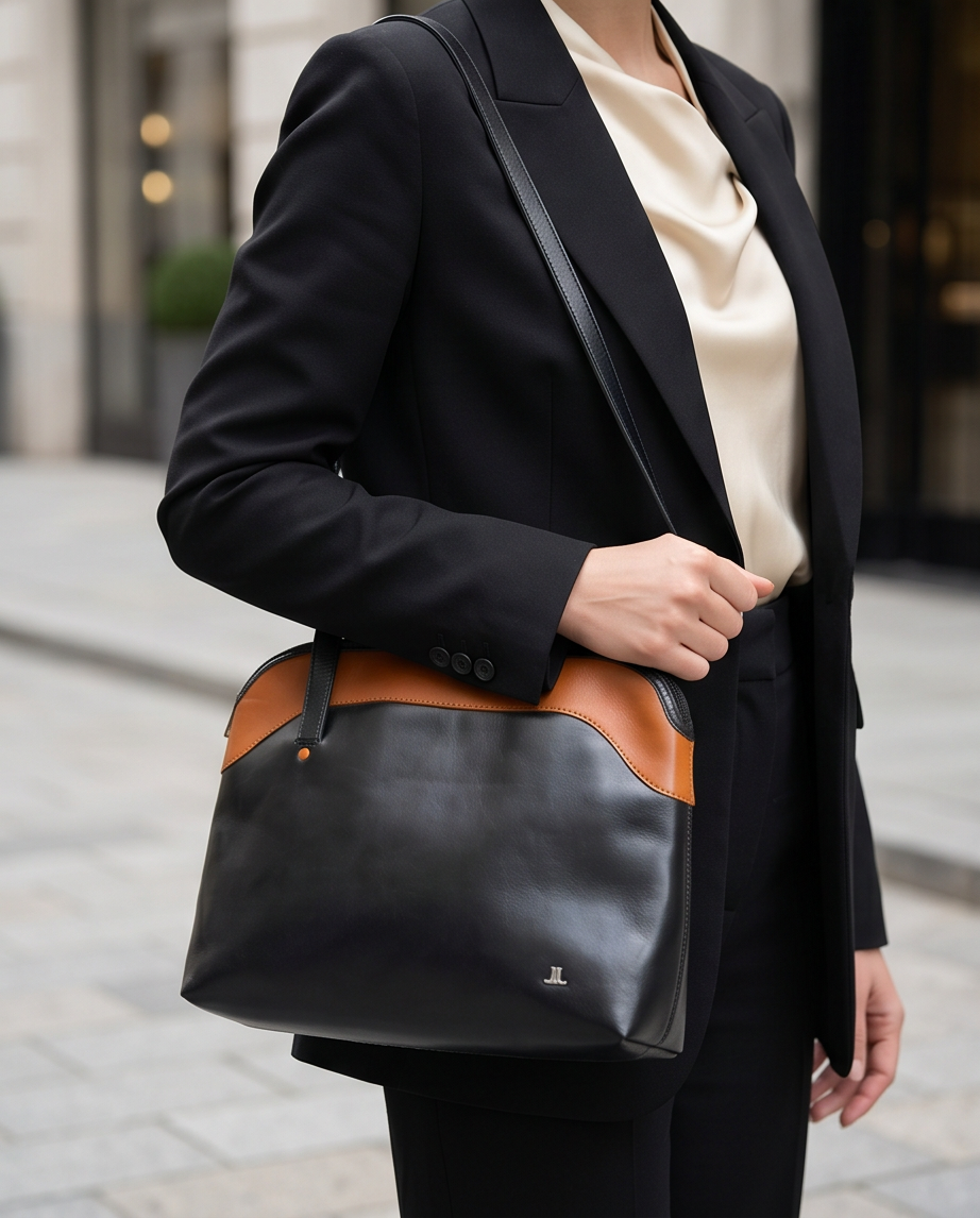 Leren schoudertas in zwart met cognac details