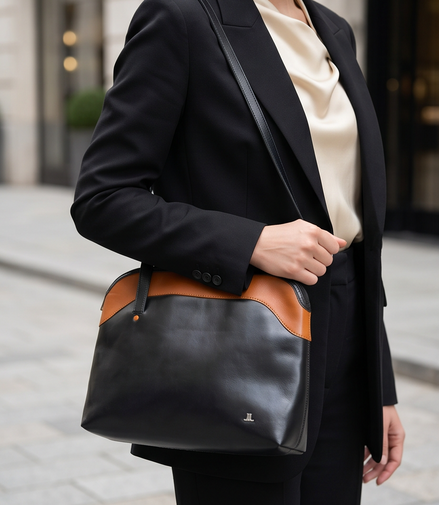 Leren schoudertas in zwart met cognac details