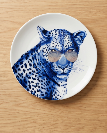 Heinen Delfts Blauw wandbord “Luipaard met bril” – 30/31 cm