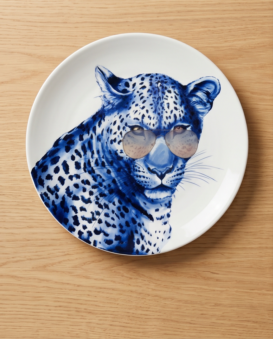 Heinen Delfts Blauw wandbord “Luipaard met bril” – 30/31 cm