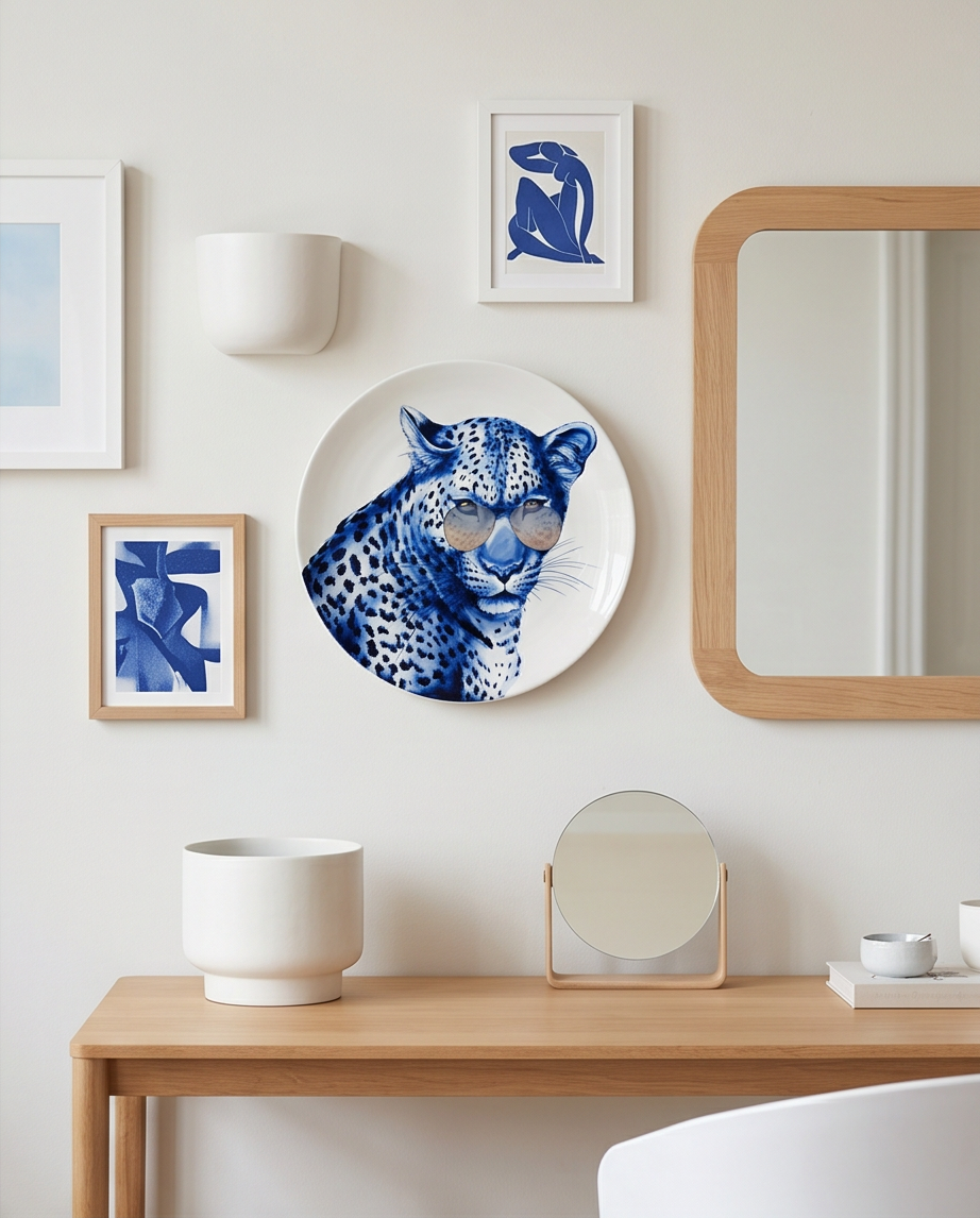 Heinen Delfts Blauw wandbord “Luipaard met bril” – 30/31 cm