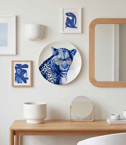Heinen Delfts Blauw wandbord “Luipaard met bril” – 30/31 cm