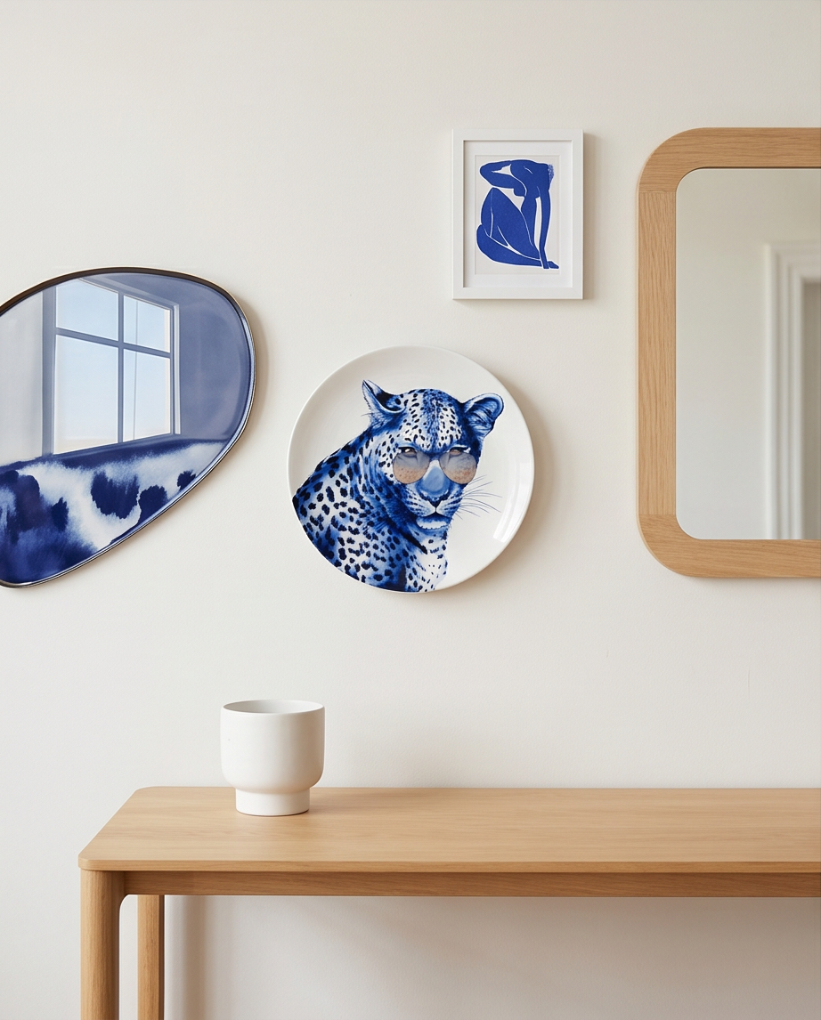 Heinen Delfts Blauw wandbord “Luipaard met bril” – 30/31 cm