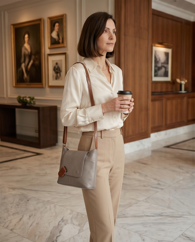 Leren crossbodytas in grijs en cognac