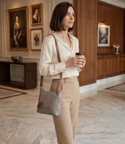 Leren crossbodytas in grijs en cognac