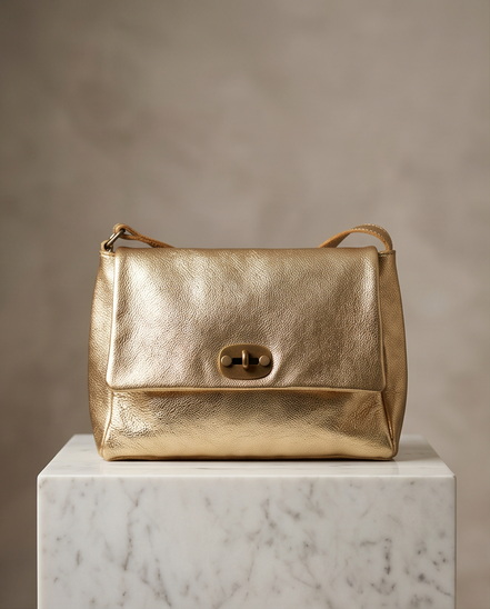 Metallic leren schoudertas in champagnegoud