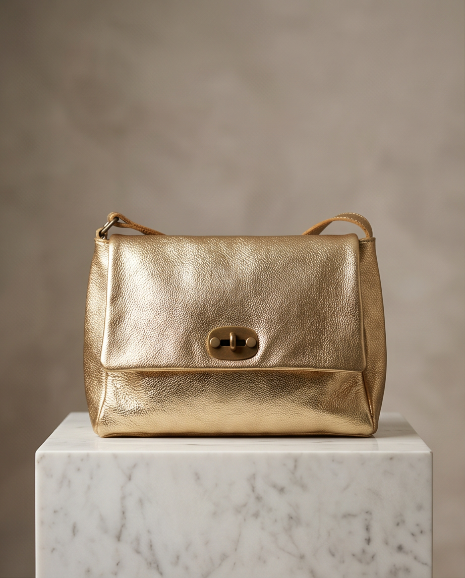 Metallic leren schoudertas in champagnegoud