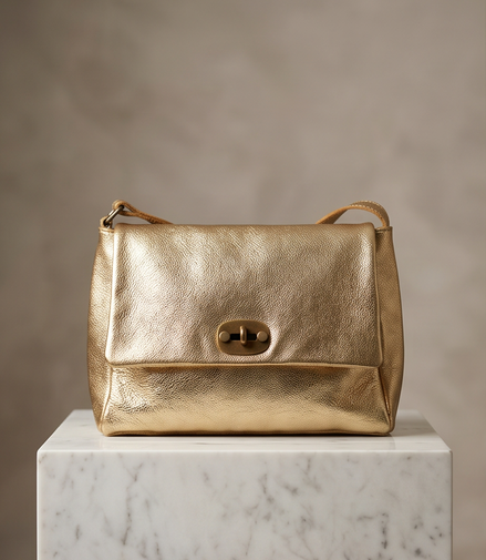 Metallic leren schoudertas in champagnegoud