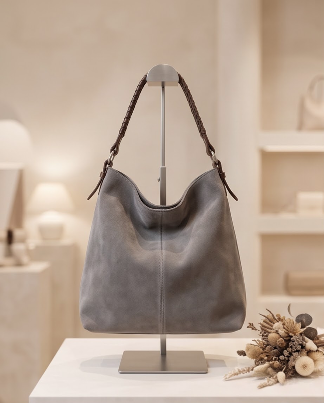 Grijze suede tas Bijenkorf