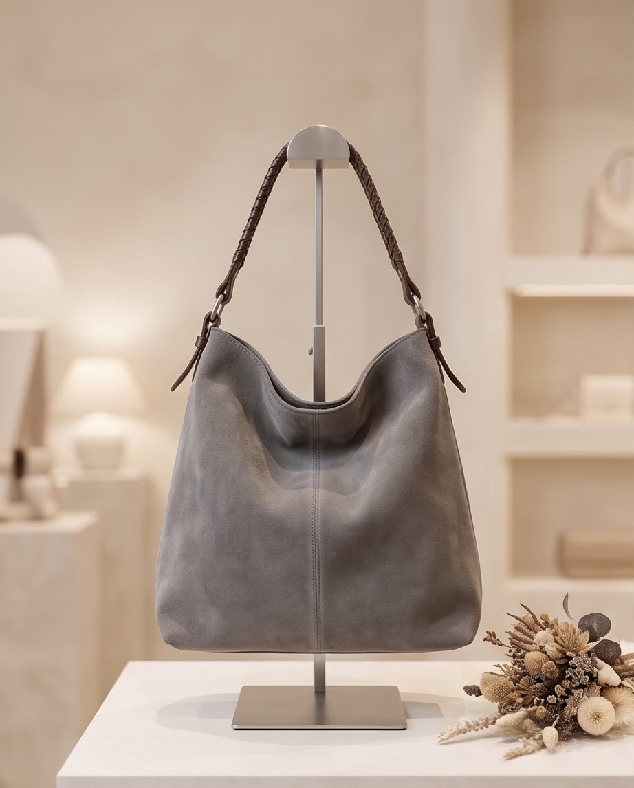 Grijze suede tas Bijenkorf