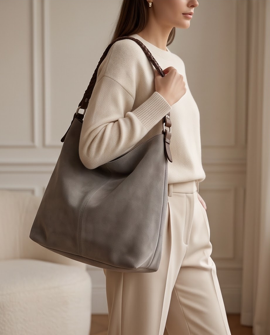 Grijze suede tas Bijenkorf