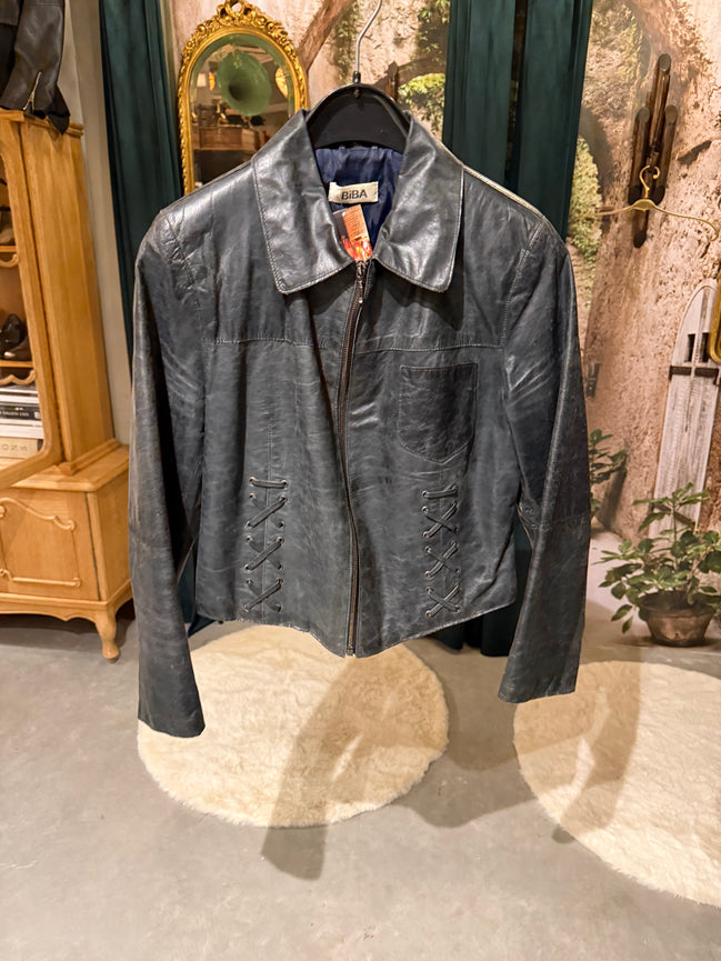 BIBA vintage leren bikerjack met vetersluitin