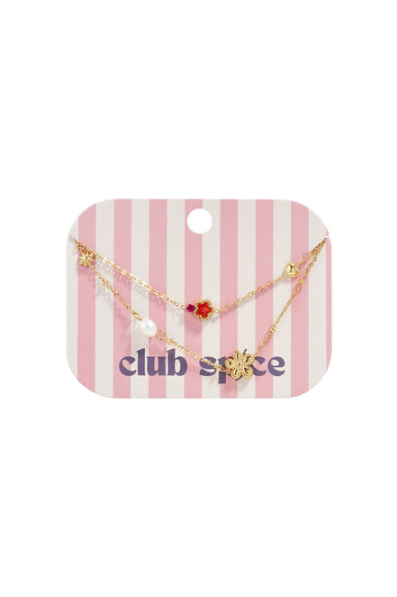 Charm bracelet with star and flower charms, pearls, stones and beads