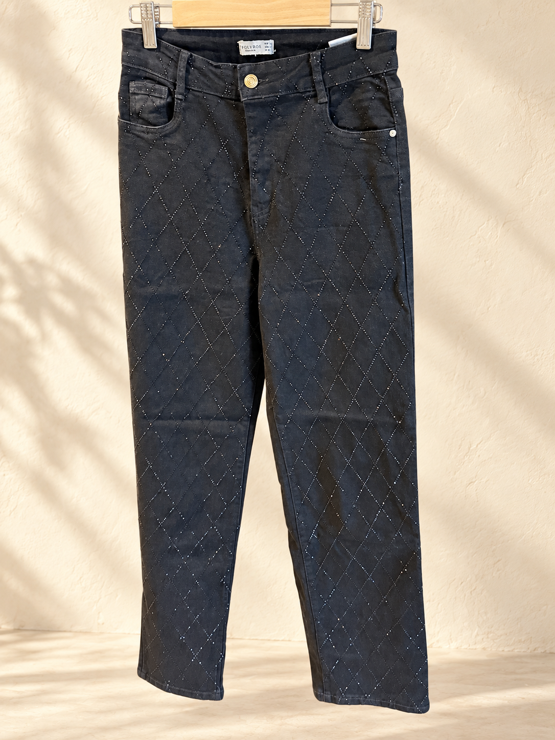 Folyrose jeans met strass ruitpatroon, maat 38