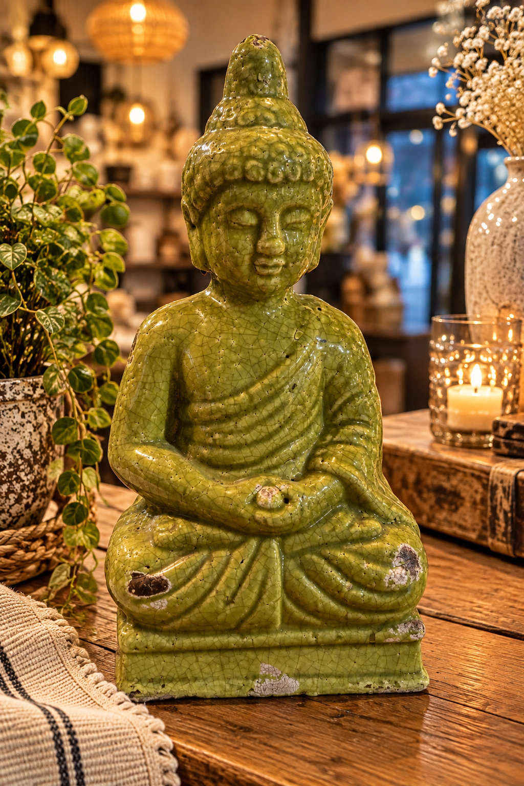 Groene Boeddha met craquelé glazuur