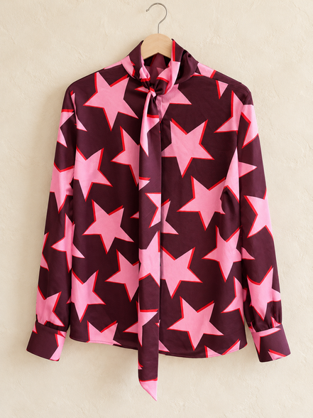 HUGO blouse met roze sterren en strikhals maat 40 – boetiekfoto