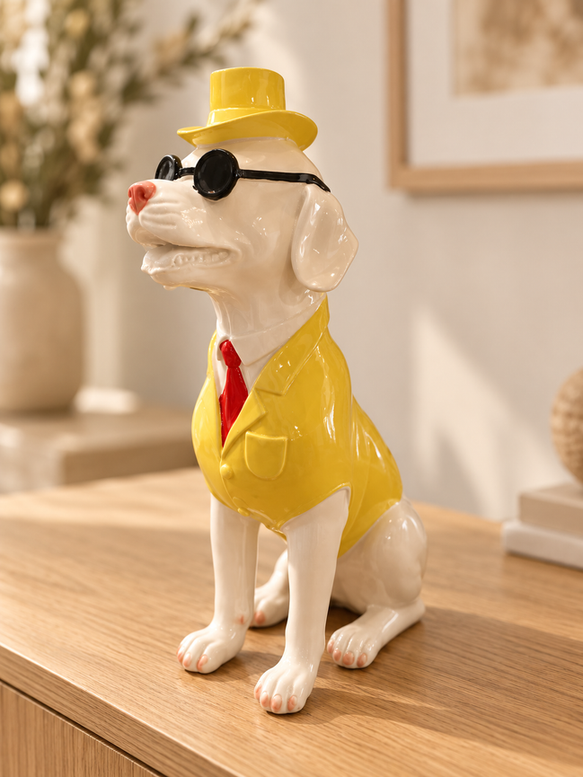 Keramieken hond met gele hoed en zonnebril in boetiekstijl
