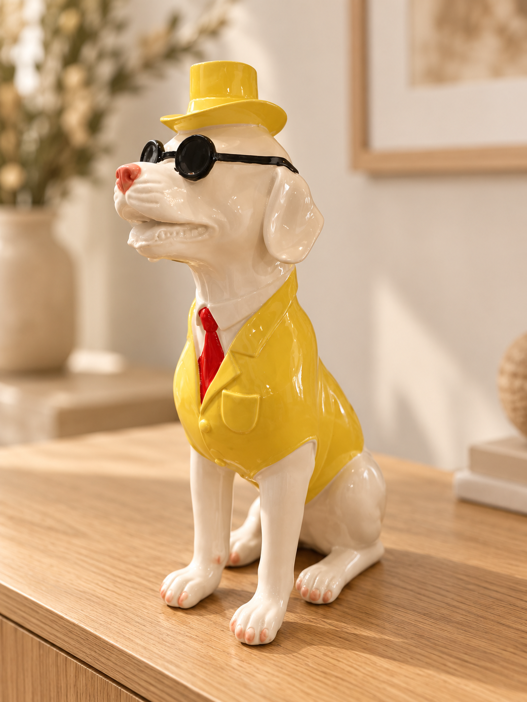 Keramieken hond met gele hoed en zonnebril in boetiekstijl