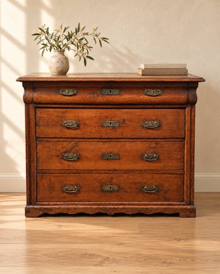 Houten ladekast volledig in beeld, gestyled met vaas en boeken